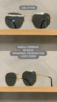 Óculos de Sol Hexagonal Dourado Grande Clássico com Lente Verde Metal Ferrovia 4212 571938 Óculos de Sol Hexagonal Dourado Grande Clássico com Lente Verde Metal Ferrovia 4212 571938
