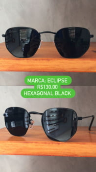Óculos de Sol Eclipse Preto Esmaltado Hexagonal Retro Metal Lente Preta 23028
