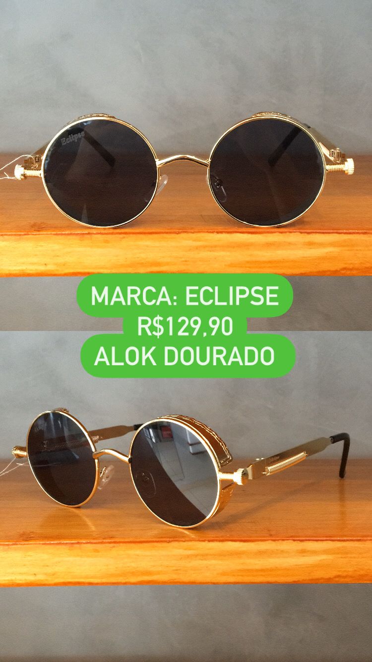 Óculos de Sol Masculino Alok Dourado Com Lente Preta Redondo Metal Eclipse HT1092