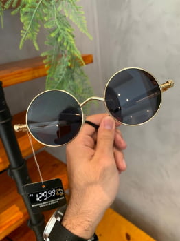 Óculos de Sol Masculino Alok Dourado Com Lente Preta Redondo Metal Eclipse HT1092