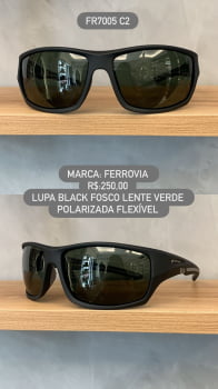 Óculos de Sol Ferrovia Masculino Preto Fosco Lupa Esportivo Flexível Lente Verde Polarizado em Acetato FR7005 C2