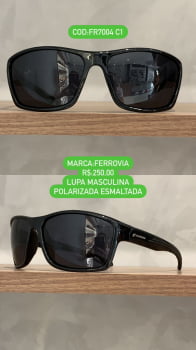 Óculos De Sol Ferrovia Masculino Preto Esmaltado Lupa Esportivo Flexível com Lente Preta Polarizado FR7004 C1