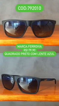 Óculos de Sol Masculino Polarizado Quadrado Preto Fosco Acetato Lente Azul Ferrovia - 792010