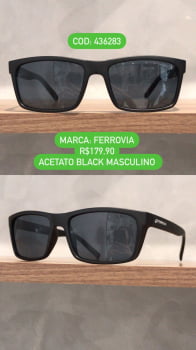 Óculos de Sol Masculino Quadrado em Acetato Preto Ferrovia 436283