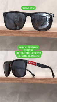 Óculos de Sol Masculino Quadrado Esmaltado Preto com Detalhe Vermelho Ferrovia ZF8112