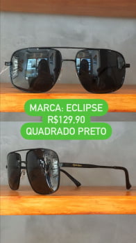 Óculos de Sol Masculino Quadrado Preto Metal com Ponte Lente Preta Eclipse 