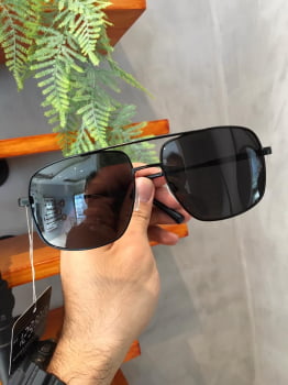 Óculos de Sol Masculino Quadrado Preto Metal com Ponte Lente Preta Eclipse 