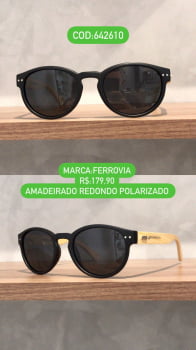 Óculos de Sol Masculino Redondo em Acetato Fosco Preto Polarizado Amadeirado Ferrovia 642610