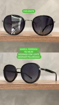 Óculos de sol Polarizado Feminino Preto Com Lente Degrade Redondo Acetato Ferrovia   436278