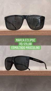 Óculos de Sol Quadrado Masculino Preto Esmaltado Acetato Lente Preta Eclipse 18473