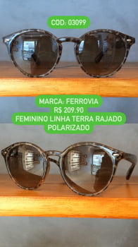 Óculos de Sol Feminino Rajado Polarizado Acetato Linha Terra Feito a Mão Redondo Ferrovia - 03099