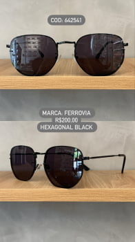 Óculos de Sol  Preto Hexagonal Ferrovia Lente Preta Metal 642541