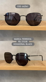 Óculos de Sol  Preto Hexagonal Ferrovia Lente Preta Metal 642541