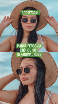 Óculos de Sol Feminino Hexagonal Rosé com Lente Preta Metal Ferrovia 573014
