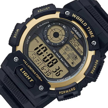 Relógio Casio World Time Masculino Preto com Dourado Esportivo Digital em Poliuretano Á Prova d'água AE-1400WH-9AVDF 3458