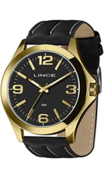 Relógio Lince Masculino Dourado Pulseira Preta em Couro Visor Preto com Detalhes Dourado Á Prova d'água MRC4757L48