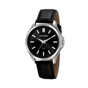 Relógio Mondaine Masculino Prata Social Couro Preto a prova d´água 99548G0MVNH1