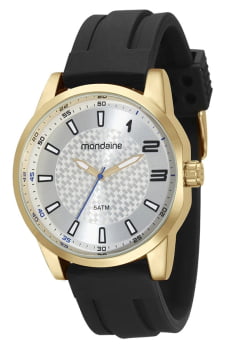 Relógio Mondaine Masculino Dourado Visor Branco Texturizado com Taquímetro Pulseira de Silicone Á Prova d'água 53526GPMVDI3