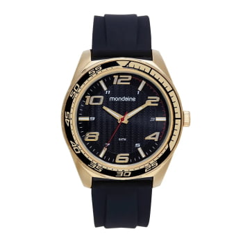 Relógio Mondaine Masculino Dourado Visor Preto Texturizado com Taquímetro Pulseira em Silicone Preta Á Prova d'água 32654GPMVDI1