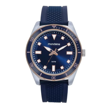 Relógio Mondaine Masculino Prateado Visor Azul Metalizado com Taquímetro Pulseira Silicone Azul Á Prova d'água 32657GPMVGI3
