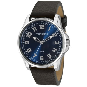 Relógio Mondaine Masculino Prateado Numerado Visor azul Couro á prova D´água 32241G0MVNH2