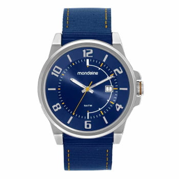 Relógio Mondaine Masculino Prateado Visor Azul com Calendário Pulseira em Nylon Azul Á Prova d'água 32537G0MVNJ3