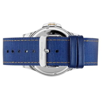 Relógio Mondaine Masculino Prateado Visor Azul com Calendário Pulseira em Nylon Azul Á Prova d'água 32537G0MVNJ3