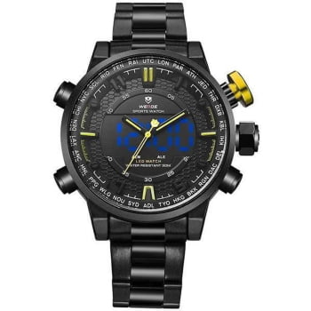 Relógio Weide Masculino Preto com Amarelo Digital Display Duplo Led Azul WH-6402