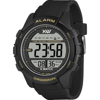 Relógio X-Watch Masculino Digital  Esportivo Preto caixa em Policarbonato com Detalhes dourado Á Prova d'água XMPPD704