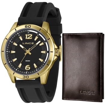 Kit Relógio Lince Masculino Dourado Visor Preto com Taquímetro Pulseira em Silicone Á Prova D'água MRPM005L46 Kit Relógio Lince Masculino Dourado Visor Preto com Taquímetro Pulseira em Silicone Á Prova D'água MRPM005L46