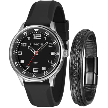 Kit Relógio Lince Masculino Prateado Todo Numerado Visor Preto com Taquímetro Pulseira em Silicone Á Prova D'água MRPM001L46 