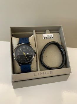 Kit Relógio Lince Masculino Preto Todo Numerado Visor Preto Pulseira em Silicone Azul Á Prova D'água MRPM016L46
