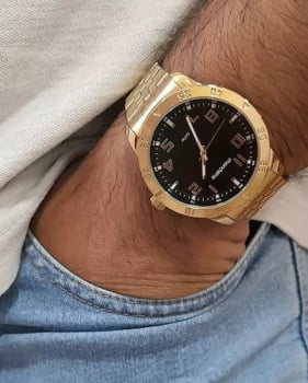 kit Relógio Mondaine Masculino Dourado com Visor Preto Á Prova d'água 99190GPMVDE2