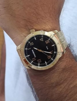 kit Relógio Mondaine Masculino Dourado com Visor Preto Á Prova d'água 99190GPMVDE2