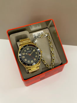 Kit Relógio Mondaine Masculino Dourado com Visor Preto Numeração Completa Á Prova D'água 33034GPMKDE1