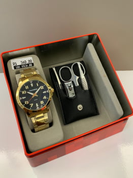 Kit Relógio Mondaine Masculino Dourado Visor Preto mais Kit Manicure á Prova D'água 83512GPMVDE1