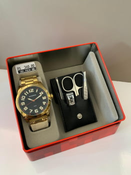 Kit Relógio Mondaine Masculino Dourado Visor Preto Todo Númerado mais Kit Manicure á Prova D'água 99130GPMVDE3
