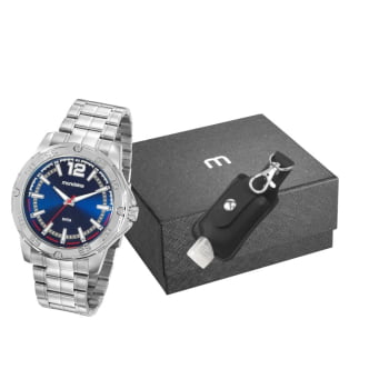 Kit Relógio Mondaine Masculino Prateado com Visor Azul Á Prova d'água 99551G0MVNE2