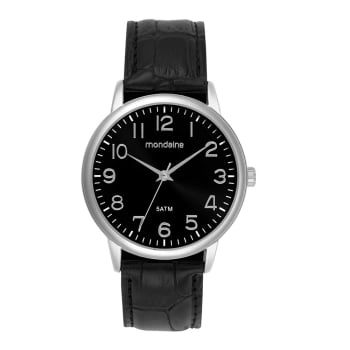 Kit Relógio Mondaine Masculino Prateado Visor Preto Numeração Completa com Pulseira em Couro Preta Á Prova D'água 99835G0MVNH3