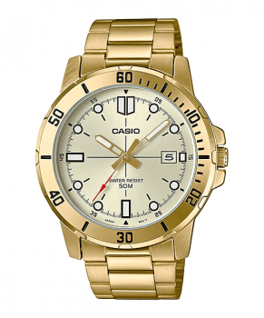 Relógio Casio Masculino Collection Dourado Visor Champanhe com Calendário e Taquímetro Á Prova d'água MTP-VD01G-9EVUDF