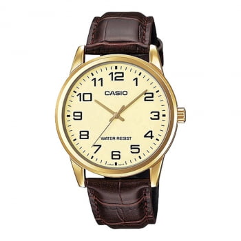 Relógio Casio Masculino Dourado com Pulseira Couro MTP-V001GL-9BUDF