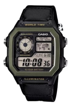 Relógio Casio Masculino Esportivo Digital Preto com Verde Quadrado em Poliuretano Á Prova D'água AE-1200WHB-1BVDF_ 3299