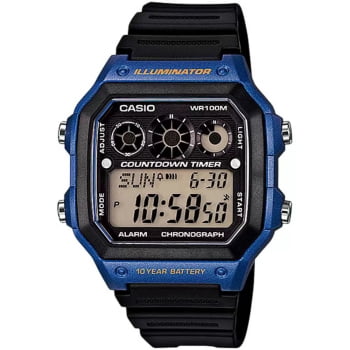 Relógio Casio Masculino Esportivo Digital Preto com Azul Quadrado em Poliuretano Á Prova d'água AE-1300WH-2AVDF 3426