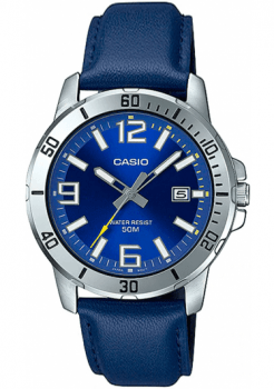 Relógio Casio Collection Masculino Prateado Visor Azul com Calendário e Taquímetro Pulseira em Couro Á Prova d'água MTP-VD01L-2BVUDF