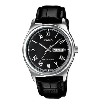 Relógio Casio Masculino Prata Couro Preto Calendário MTP-V006L-1BUDF