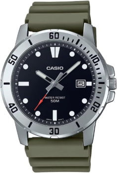 Relógio Casio Masculino Prateado Visor Preto com Calendário e Taquímetro Pulseira em Silicone Verde Á Prova d'água MTP-VD01-3EVUDF 5058 5058