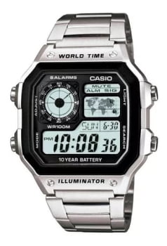 Relógio Casio Masculino Prateado Digital Quadrado World Time Iluminator Com Exibição do Mapa Mundial Á Prova d'água AE-1200WHD-1AVF 
