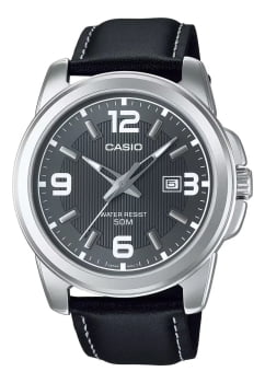 Relógio Casio Masculino Prateado Visor Cinza Escuro com Calendário Pulseira Couro Preta Á Prova D'água MTP-1314PL-8AVEF Relógio Casio Masculino Prateado Visor Cinza Escuro com Calendário Pulseira Couro Preta Á Prova D'água MTP-1314PL-8AVEF
