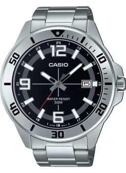 Relógio Casio Masculino Prateado Visor Preto com Calendário e Taquímetro Á Prova D'água Aço inox MTC-100D-1BVDF 5507