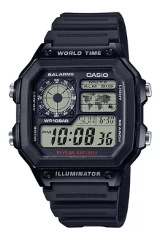 Relógio Casio Masculino Preto Digital Esportivo Quadrado World Time Iluminator Á Prova d'água AE-1200WH-1AVDF